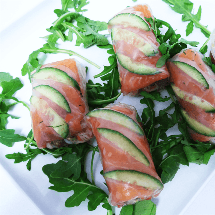 Smoked salmon rice paper roll - dill, capers & cucumber (GF, DF)