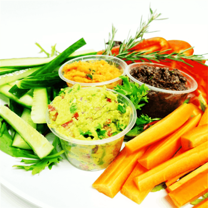 Healthy vegetable sticks and assorted dips platter (GF, V)