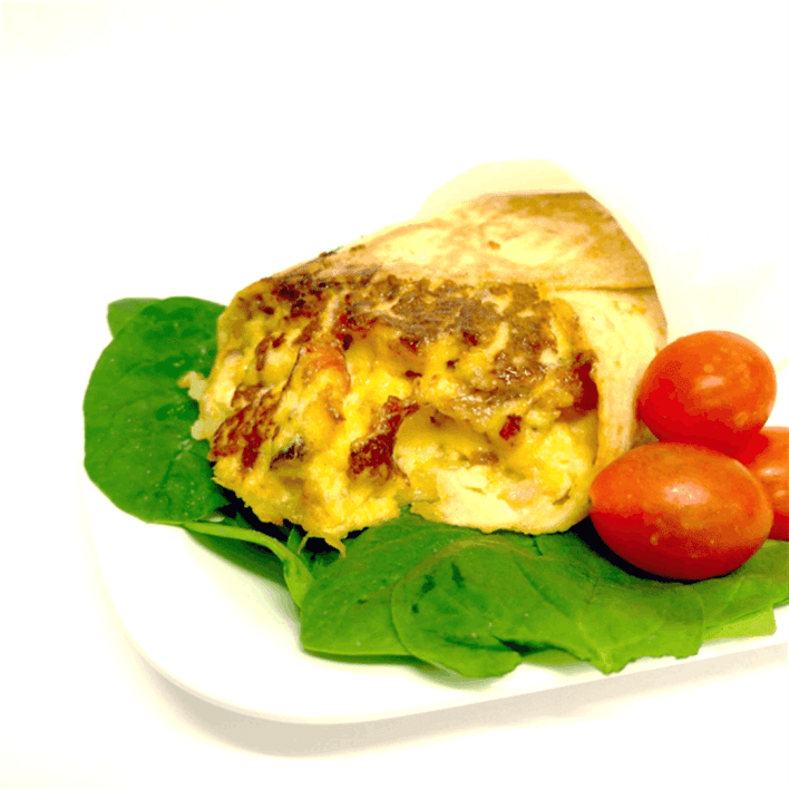 Wrap: Bacon, scrambled eggs, tomato relish and tasty cheese