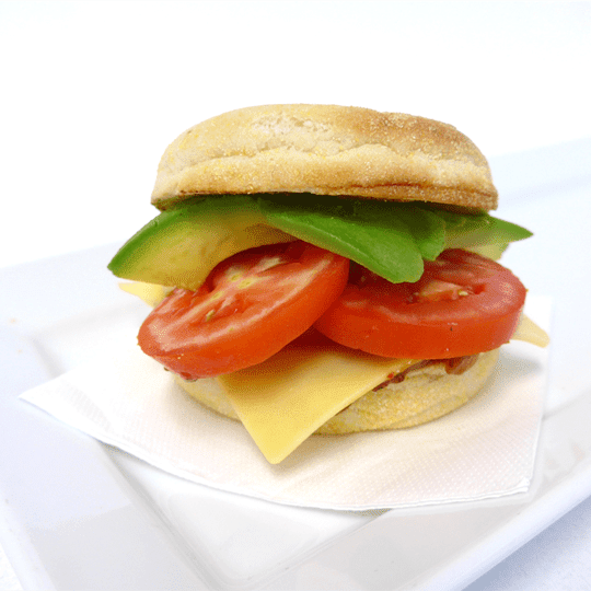 English Muffin: Tasty cheese, avocado and fresh tomato (V)