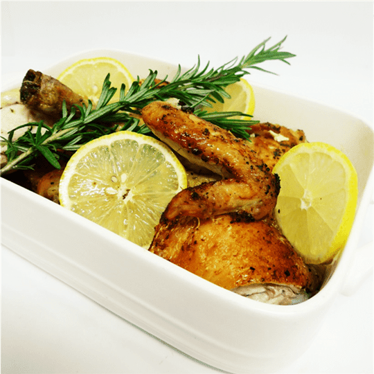 Lemon, garlic, rosemary roasted chicken accompanied with a yoghurt cucumber dipping sauce (GF)