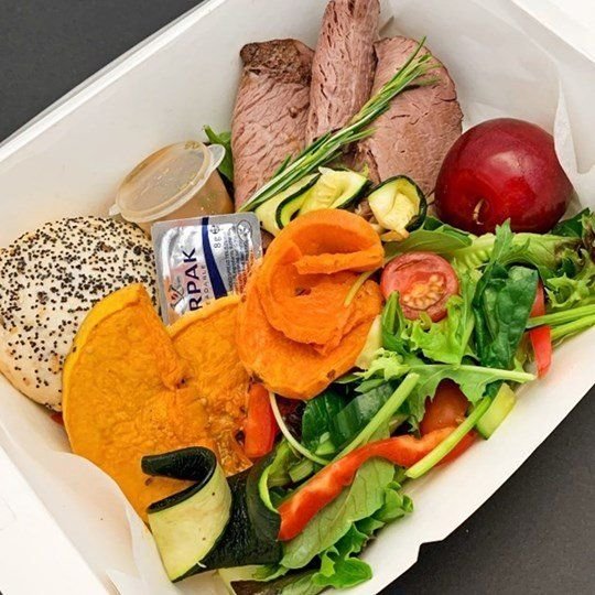 Lunch Box - Gourmet (Protein, Roasted Veg, Salad, Dressing, Dinner Roll, Butter, Fruit Garnish, fork, knife, napkin)