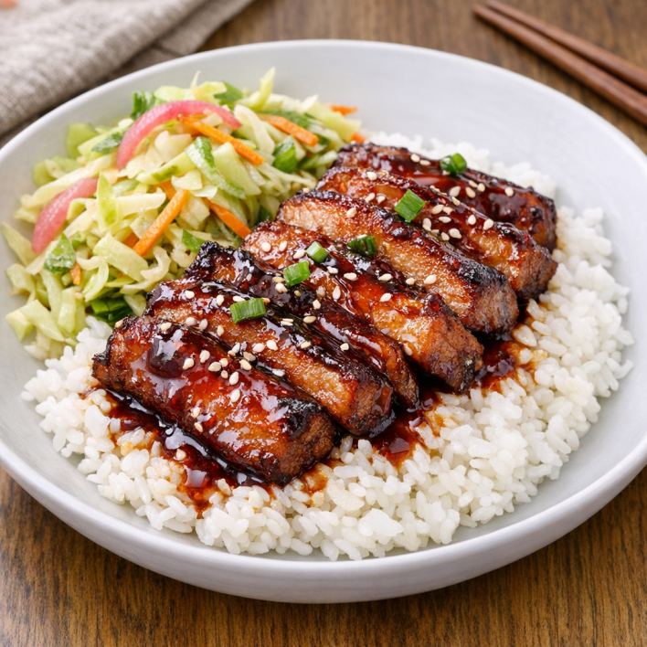 Cherry‑glazed pork belly on sticky rice w/ pickle slaw