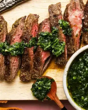 Rib eye steak w/ Greek salad & salsa verde