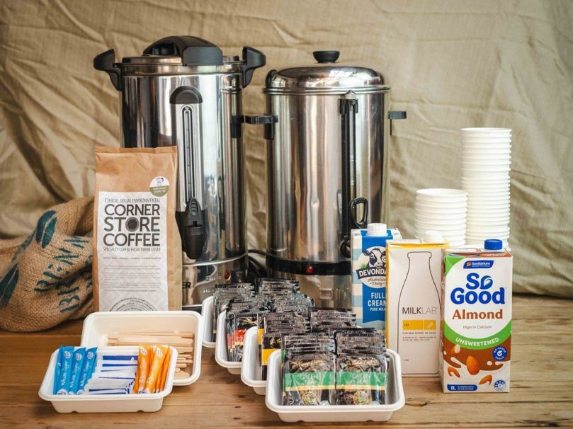 Coffee, tea, milk, sugar, cups, stirrers, soy milk, herbal tea