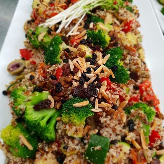 Salad - Ancient Grain Salad w Broccoli, Zucchini, Red Pepper, Currants, Olives, Pumpkin Seeds, Almonds & Tahini Dressing (VEGAN) (GF) - Side Serve
