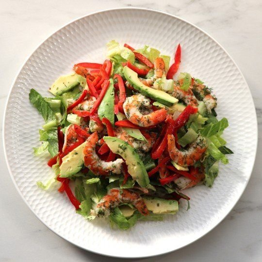 Salad - Prawn & Dill Salad w Mixed Lettuce, Avocado & Red Peppers (GF) (DF) - Side Serve
