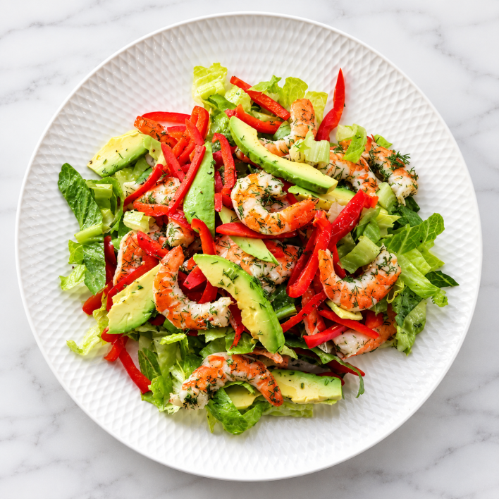 Salad - Prawn & Dill Salad w Mixed Lettuce, Avocado & Red Peppers (GF) (DF) - Side Serve