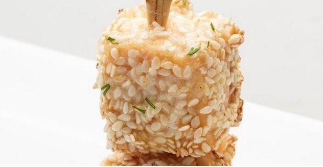 Miso marinated sesame salmon skewers with aoli