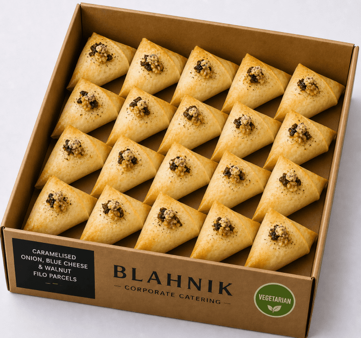 Caramelised onion, blue cheese and walnut filo parcels V