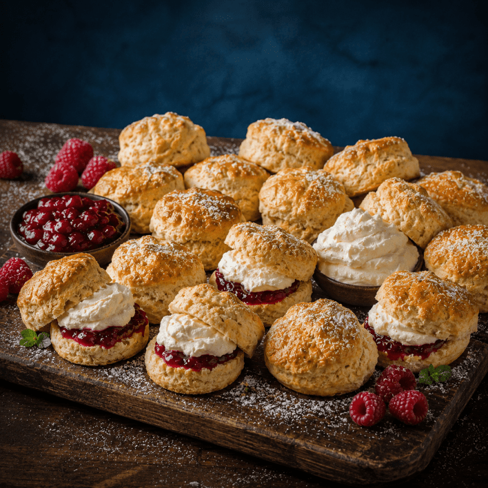 Freshly baked scones served with raspberry jam and whipped cream