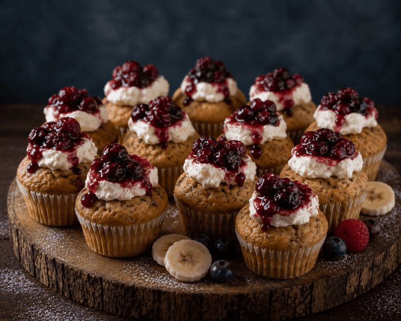 Mini banana muffins with marscarpone cheese and berry compote