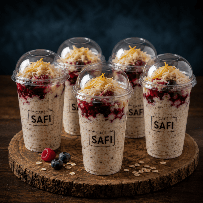 Bircher muesli with orange blossom yoghurt, grated apple and berry compote