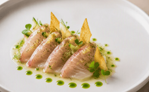 [f] Cured Hiramasa Kingfish (A) | green tomato | cucumber | finger lime