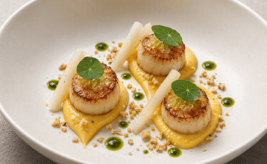 [f] Hervey Bay Scallops | sweetcorn | nashi pear | finger lime