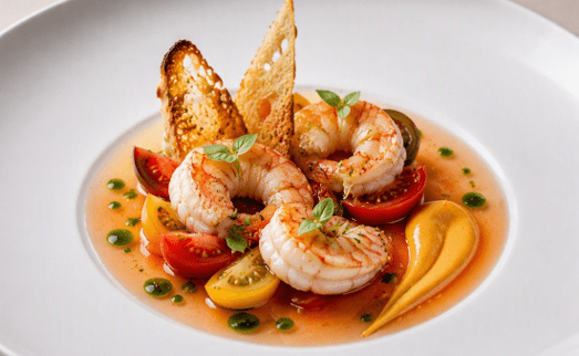 [f] Mooloolaba Prawn (A) | heirloom tomato | saffron | basil
