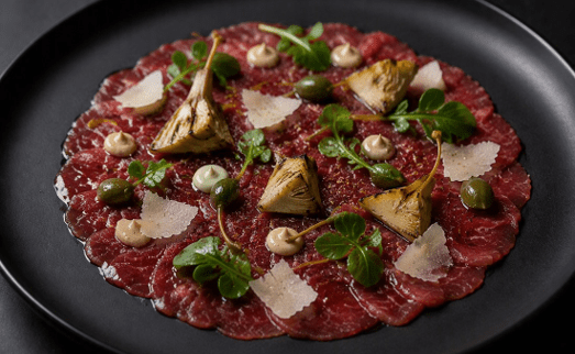 [f] Black Onyx Beef Carpaccio | artichoke | caper | pecorino