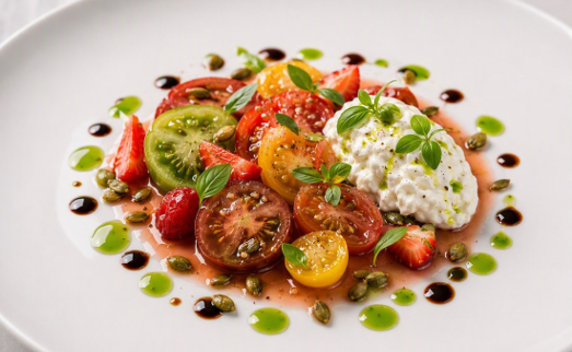[f] Heirloom Tomato & Stracciatella | strawberry | basil