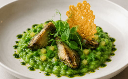 [f] Spring Pea Risotto | artichoke | preserved lemon | mint