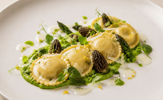 [f] Spring Vegetable Agnolotti | pea | asparagus | morel