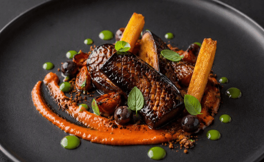 [f] Glazed Eggplant | chickpea | panisse | smoked tomato | harissa