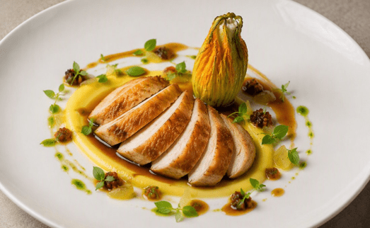 [f] Mount Vernon Chicken | zucchini flower | sweetcorn | preserved lemon | date