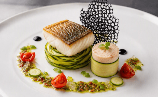 [f] Humpty Doo Barramundi (A) | zucchini | prawn boudin | squid-ink tuile