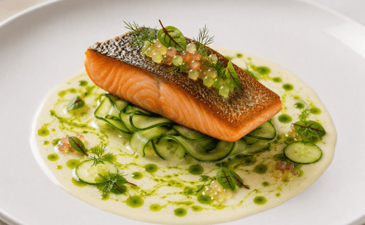 [f] Ora King Salmon (A) | cucumber | sorrel | split herb dressing