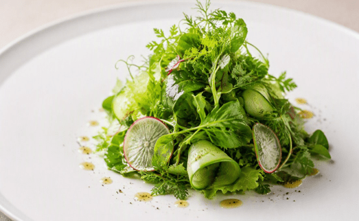 [f] Young Leaf Salad | radish | cucumber | champagne