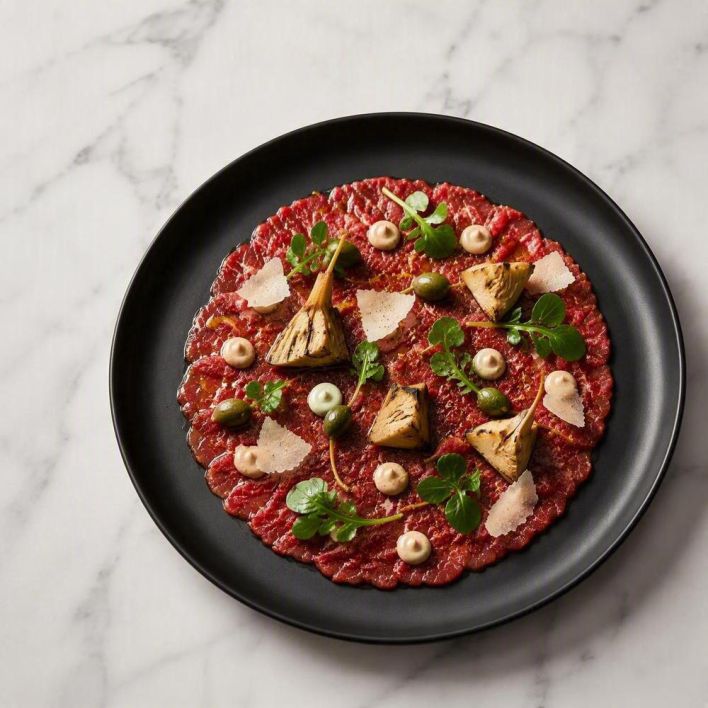 [f] Black Onyx Beef Carpaccio | artichoke | caper | pecorino