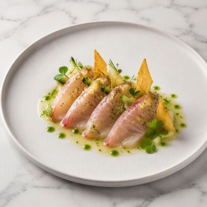 [f] Cured Hiramasa Kingfish (A) | green tomato | cucumber | finger lime