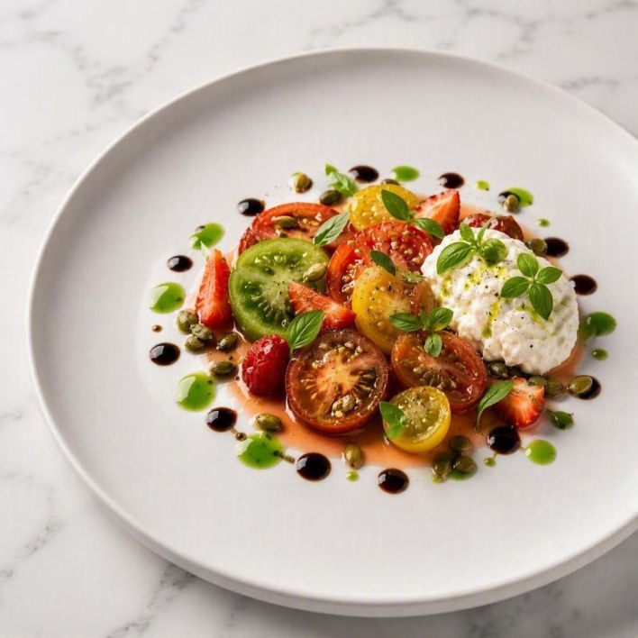 [f] Heirloom Tomato & Stracciatella | strawberry | basil