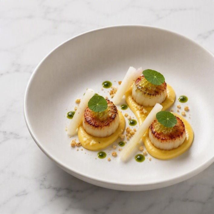 [f] Hervey Bay Scallops | sweetcorn | nashi pear | finger lime