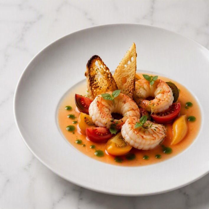 [f] Mooloolaba Prawn (A) | heirloom tomato | saffron | basil