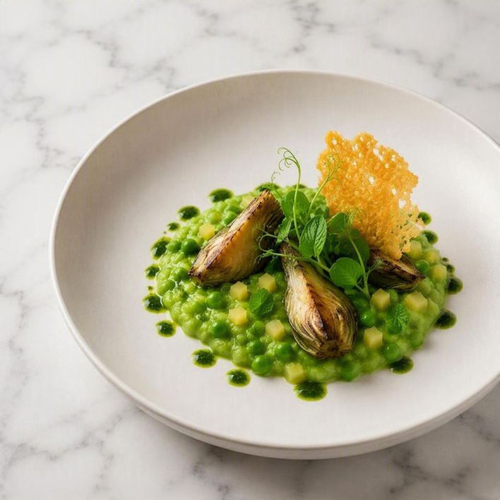 [f] Spring Pea Risotto | artichoke | preserved lemon | mint