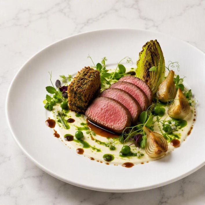 [f] Flinders Island Lamb | spring pea | artichoke | charred baby gem