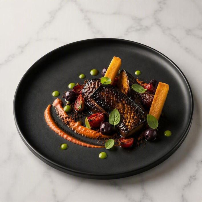 [f] Glazed Eggplant | chickpea | panisse | smoked tomato | harissa