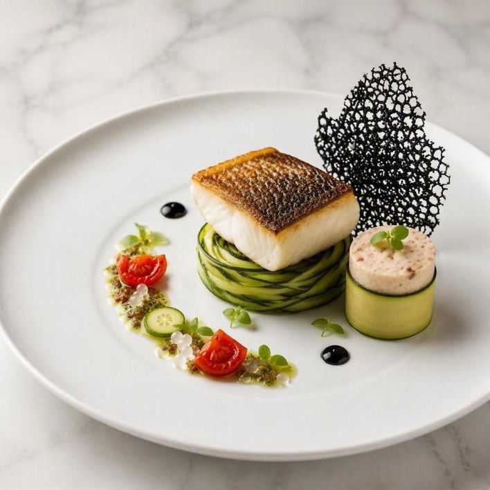[f] Humpty Doo Barramundi (A) | zucchini | prawn boudin | squid-ink tuile