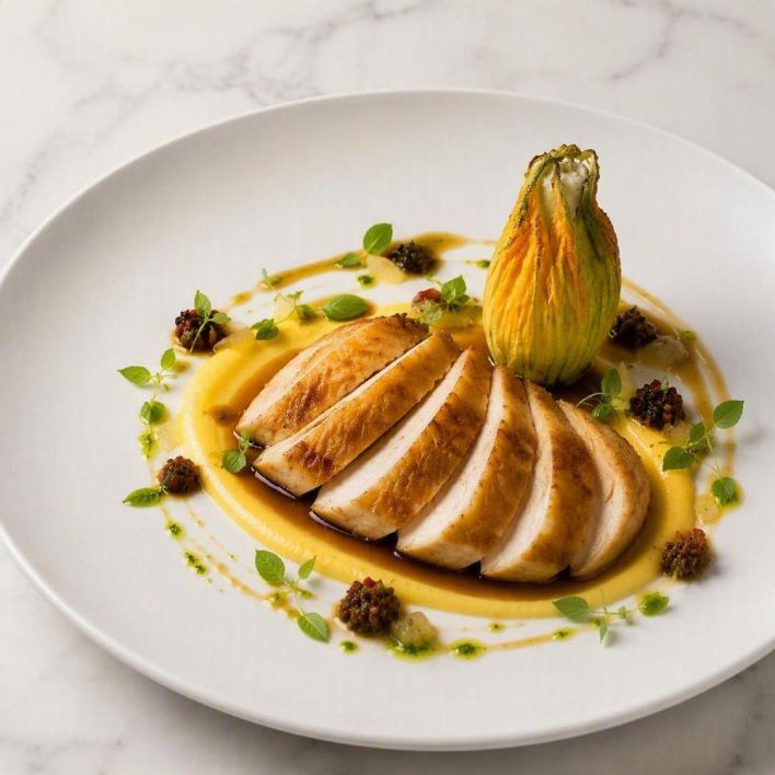 [f] Mount Vernon Chicken | zucchini flower | sweetcorn | preserved lemon | date