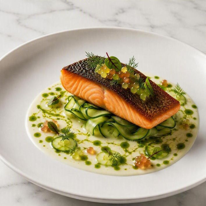 [f] Ora King Salmon (A) | cucumber | sorrel | split herb dressing
