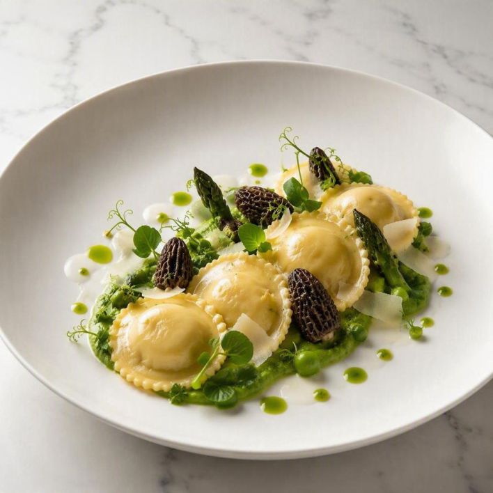 [f] Spring Vegetable Agnolotti | pea | asparagus | morel