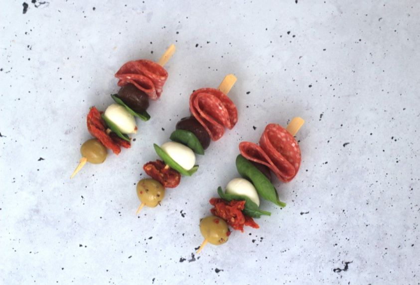 Antipasto skewer - bocconcini, sundried tomato, olive, salami, basil (DEL)