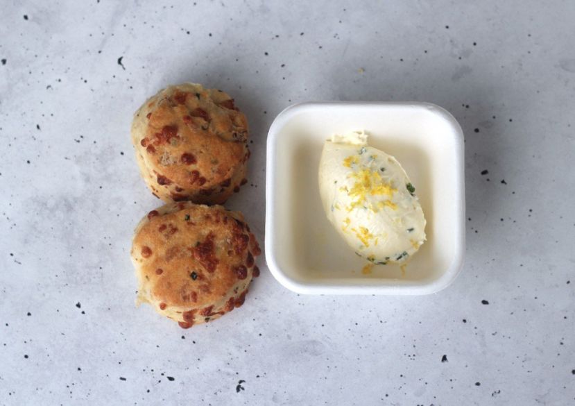 Soft herb, cheddar scone, citrus cream cheese (DEL)