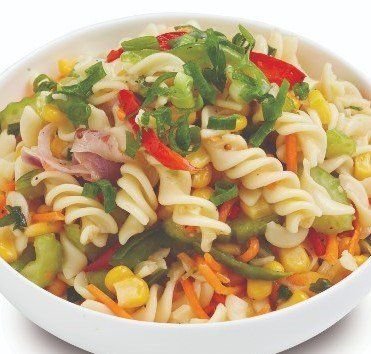 Vegan - vegetable pasta with a tomato and garlic sauce - served hot or cold