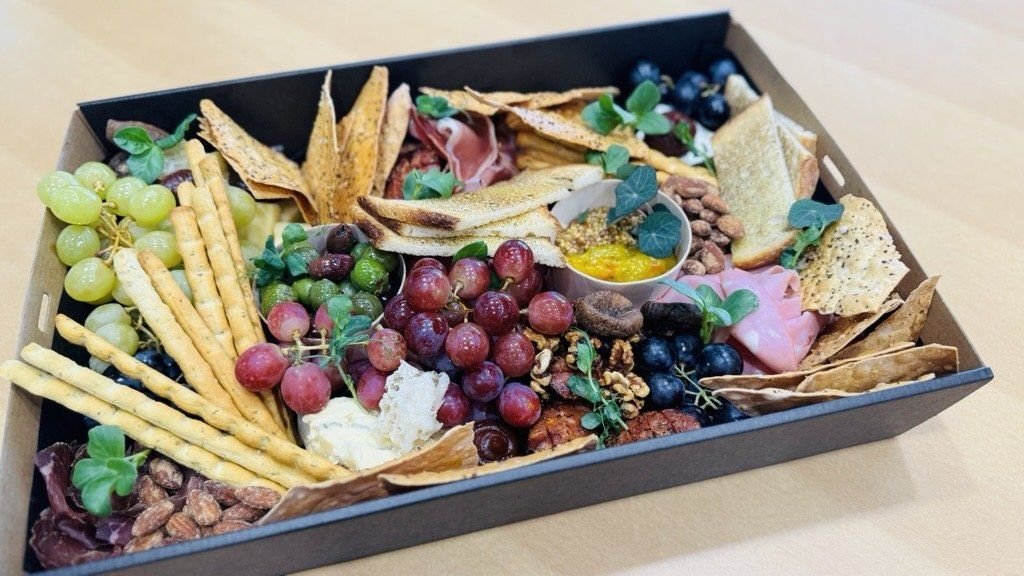 Cheese platter - brie, cheddar, blue cheese, grapes, quince rosemary grissini, lavosh, apricot, walnuts (V)