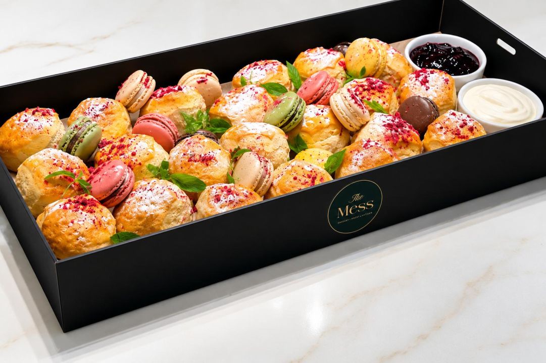 Afternoon tea scones and fruit macaroon selection, chantilly cream, berry jam (20 PC)