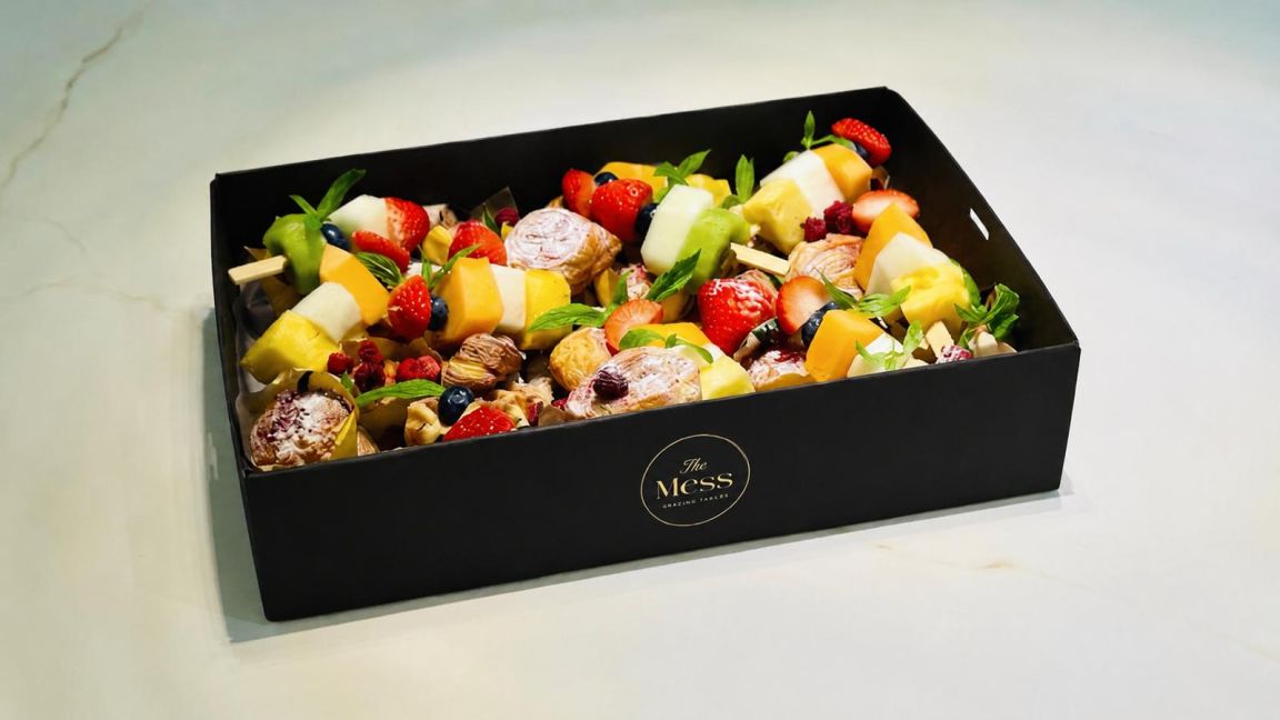 Assorted morning tea sweet selection (muffins, waffles, Danish, banana bread, fruit skewers) (20 PC)