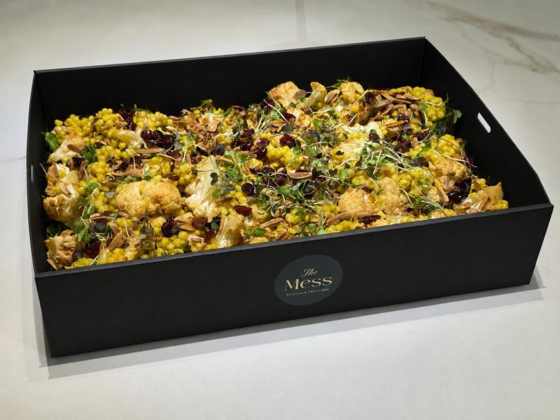 Middle Eastern roasted cauliflower, cous cous, turmeric, cranberries, raisins, almonds, fresh herbs tahini harissa dressing (V)