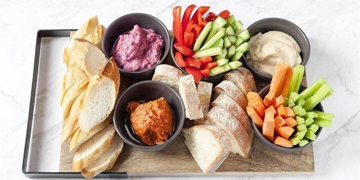GF + Vegan - Dips Platter served with crudite & toasted vegan + GF bread