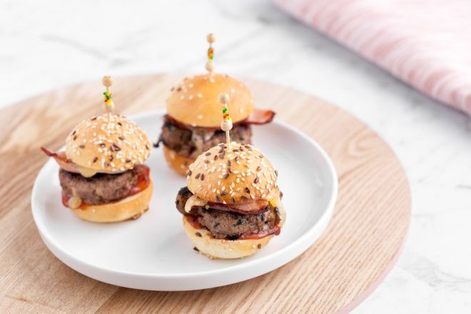 Gourmet Mini Brioche Bun, Beef Burger Cheese Mustard & Relish (vegetarian options)